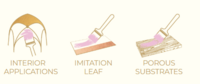 Drie gouden illustraties met roze kwaststreken die de specifieke toepassingen van de Manetti Metal verguldlijm uitbeelden. Van 