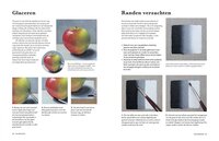 Inkijkexemplaar pagina 28 en 29 over olieverftechnieken. Met gedetailleerde foto's wordt uitgelegd hoe je de techniek &amp;#
