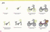 Inkijkexemplaar pagina 42 en 43 met de titel 'fiets'. Stap-voor-stap instructies met acht duidelijke tekeningen om ee