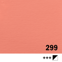 Vierkante kleurstaal in een effen, matte, levendige koraalroze tint met een zeer lichte verftextuur. Rechtsonder staat in grote