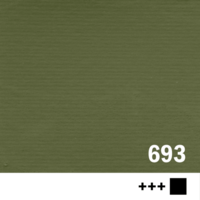 Vierkante kleurstaal in een effen, matte, rustige vergrijsd groene tint met een zeer lichte verftextuur. Rechtsonder staat in g