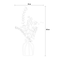 Lijntekening van de Floral Harmony overtrekposter met duidelijke maatvoering. Het schetsontwerp toont de vaas met bloemen en bo