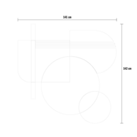 Lijntekening van de Shape Symphony overtrekposter met duidelijke maatvoering. Het schetsontwerp toont overlappende abstracte ge
