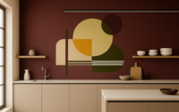 Sfeervolle moderne keuken met donkerrode muren. Boven het aanrecht is de geometrische Shape Symphony muurschildering aangebrach