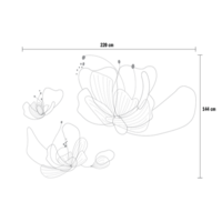 Lijntekening van de Bloom Flow overtrekposter met duidelijke maatvoering. Het schetsontwerp toont de contouren van drie grote b