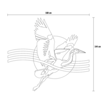 Lijntekening van de Crane Rise overtrekposter met maatvoering. Het schetsontwerp toont een vliegende kraanvogel voor een zon me