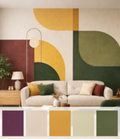 Sfeervol, warm interieur met een muurschildering geschilderd in de nostalgische, jaren '60 en '70 ge&iuml;nspireerde Vint