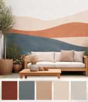 Gezellige buiten zithoek met een houten bank. De muur erachter is gedecoreerd met een abstract, golvend landschap in de rustgev