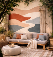 Sfeervolle buitenmuur bij een terras, geschilderd in golvende vlakken met de Amsterdam Creative Wall Paint Natural Neutrals kle