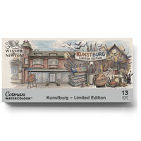 De voorkant van de verpakking van de Kunstburg Limited Edition aquarelset. Het artwork toont een gedetailleerde, getekende illu