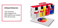 Een hoekaanzicht van de Amsterdam Standard Series Acrylverf Mixing Set 4 x 500 ml verpakking, met daarvoor een vel papier waaro