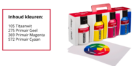 Een hoekaanzicht van de Amsterdam Standard Series Acrylverf Primaire Set 4 x 500 ml verpakking, met daarvoor een wit vel papier