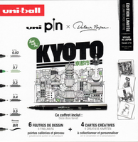 Scan van de voorkant van de Uni-ball Pin x Docteur Paper Kyoto creatieve box. Witte verpakking met strakke zwarte letters &amp;#039