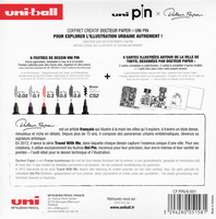 Scan van de achterkant van de Uni-ball Pin x Docteur Paper Tokyo verpakking. Bevat informatie over de Franse kunstenaar Docteur