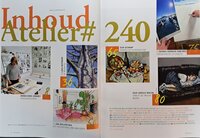 Inhoudsopgave van Atelier #240, met sfeerbeelden van kunstenares Annechien Verhey in haar werkruimte, een aquarel van een booms