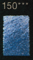 Een rechthoekig blauw ingekleurd vlak dat de tint Fra Angelico Blauw (150) van het Polychromos potlood toont, met daarboven dri