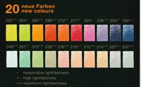 Overzicht van de 20 nieuwe Faber-Castell Polychromos kleuren. Onderaan staat de legenda voor lichtechtheid: &eacute;&eacute;n s
