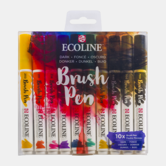 Set van 10 Donkere kleuren Ecoline Brushpennen in kunststof etui van Talens