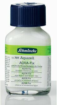 Glazen 60 ml flacon Schmincke Aqua-Fix (50701) aquarelmedium met een blauwe schroefdop en groen-wit etiket waarop 'incre