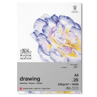 A5 - 25 vellen Drawing / Teken- en Schetsblok 1-zijdig gelijmd 220 gram Glad / Smooth / Satine van Winsor &amp; Newton