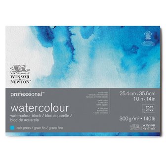 25,4 x 35,6 cm - 20 vellen Professional Aquarelblok 4-zijdig gelijmd 300 gram Cold Pressed / Grain Fin van Winsor &amp; Newton