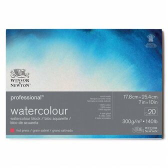 17,8 x 25,4 cm - 20 vellen Professional Aquarelblok 4-zijdig gelijmd 300 gram Hot Pressed / Grain Satin&eacute; van Winsor &amp; Newton