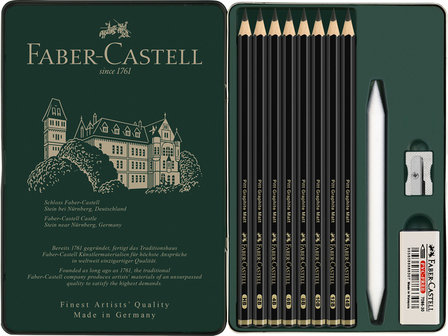Blik a 8 stuks + 3 Accessoires Pitt Graphite Matt Grafietpotloden set Faber-Castell