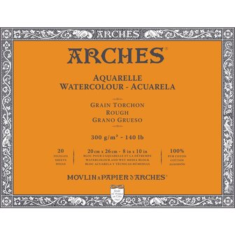 20x26cm Grain Torchon / Rough Aquarelblok van Arches 100 % Katoen 300 grams 20 vellen 4-zijdig gelijmd