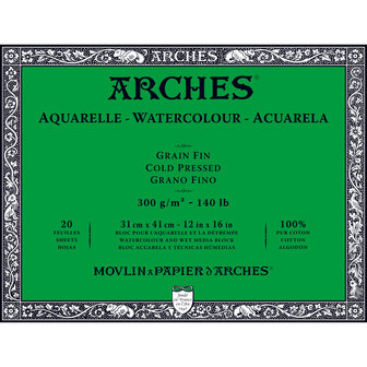 31x41cm Grain Fin / Cold Pressed Aquarelblok van Arches 100 % Katoen 300 grams 20 vellen 4-zijdig gelijmd