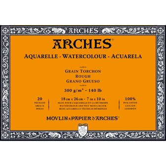 18x26cm Grain Torchon / Rough Aquarelblok van Arches 100 % Katoen 300 grams 20 vellen 4-zijdig gelijmd