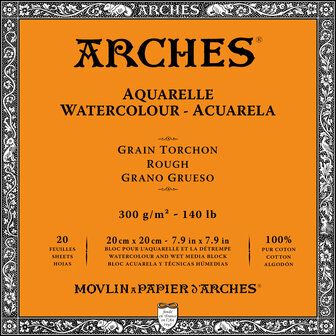 20x20cm Grain Torchon / Rough Aquarelblok van Arches 100 % Katoen 300 grams 20 vellen 4-zijdig gelijmd