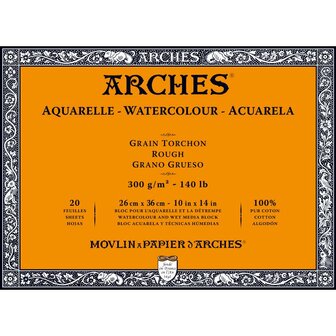 26x36cm Grain Torchon / Rough Aquarelblok van Arches 100 % Katoen 300 grams 20 vellen 4-zijdig gelijmd