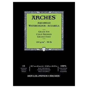 29,7 x 42 cm Grain Fin / Cold Pressed Aquarelblok van Arches 100 % Katoen 185 grams 15 vellen 1-zijdig gelijmd