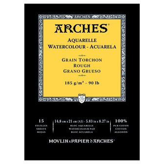 14,8 x 21 cm Grain Torchon / Rough Aquarelblok van Arches 100 % Katoen 185 grams 15 vellen 1-zijdig gelijmd