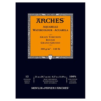 A4 21 x 29,7 cm Grain Torchon / Rough Aquarelblok van Arches 100 % Katoen 300 grams 12 vellen 1-zijdig gelijmd