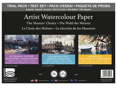 280 x 380 mm 300 grams Trial pack Hot / Cold / Rough Baohong Masters Choice Aquarelpapier 9 vel (3 x 3 vel) Testpack