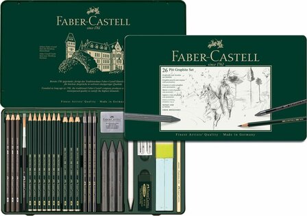 Blik 26 delige set incl Accessoires Pitt Graphite Grafietpotloden set Faber Castell