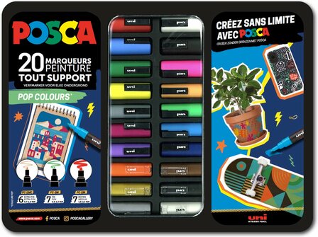 Uni Posca stiften PC-1MC, PC-3M en PC-5m in metalen koffer &quot;Pop Colours&quot; 20 stuks&quot;