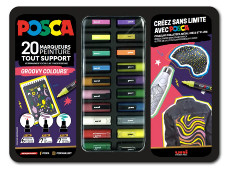 Uni Posca stiften PC-1MC, PC-3M en PC-5m in metalen koffer &quot;Groovy Colours&quot; 20 stuks&quot;