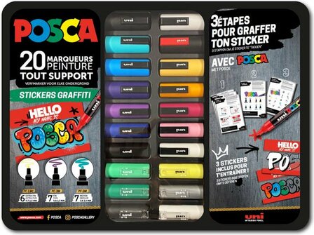 Uni Posca stiften PC-1MC, PC-3M en PC-5m in metalen koffer &quot;Stickers Graffiti&quot; 20 stuks&quot;
