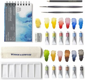 Houten koffer 12 tubes 5 ml &amp; accessoires Professional Watercolour Aquarelverf van Winsor &amp; Newton Set 815