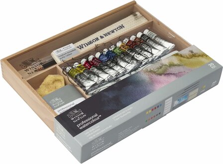 Houten koffer 12 tubes 5 ml &amp; accessoires Professional Watercolour Aquarelverf van Winsor &amp; Newton Set 815