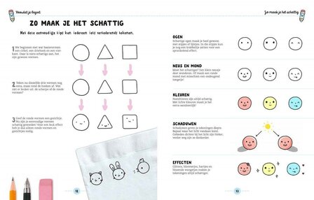 Voorbeeldpagina met kawaii-tekeningen en stap-voor-stap uitleg uit het boek Kawaii: Leuke dingen tekenen 2 