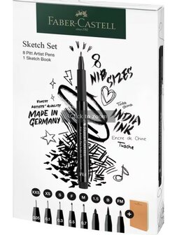 Faber-Castell Pitt Artist Pen set 8x zwart incl. schetsboek 140gr, lijnbreedtes XXS-FM met omdoos