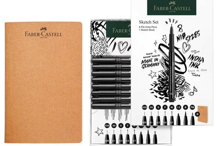Faber-Castell Pitt Artist Pen set 8x zwart incl. schetsboek 140gr, lijnbreedtes XXS-FM inhoud