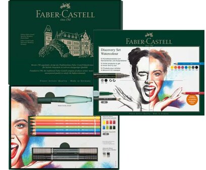 Faber-Castell Albrecht D&uuml;rer Discovery Set 12-delig met aquarelpotloden, markers, graphite aquarelpotlood en waterpenseel open