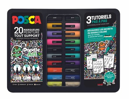 Uni Posca stiften PC-1MC, PC-3M en PC-5m in metalen koffer Doodle Art 20 stuks