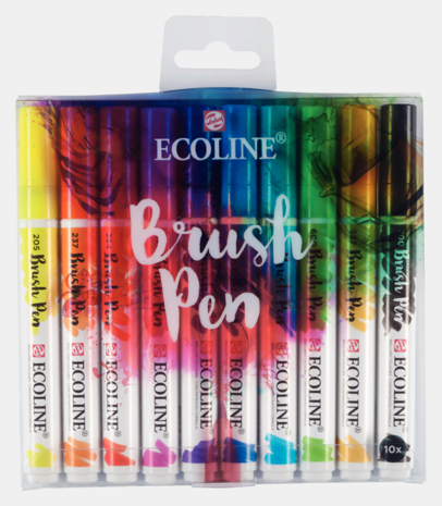 Set van 10 Algemene kleuren Ecoline Brushpennen in kunststof etui van Talens