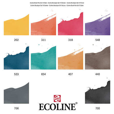 Set van 10 Donkere kleuren Ecoline Brushpennen in kunststof etui van Talens