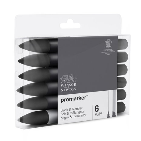 Promarker 5 x Black / Zwart en Blender van Winsor & Newton Set 116